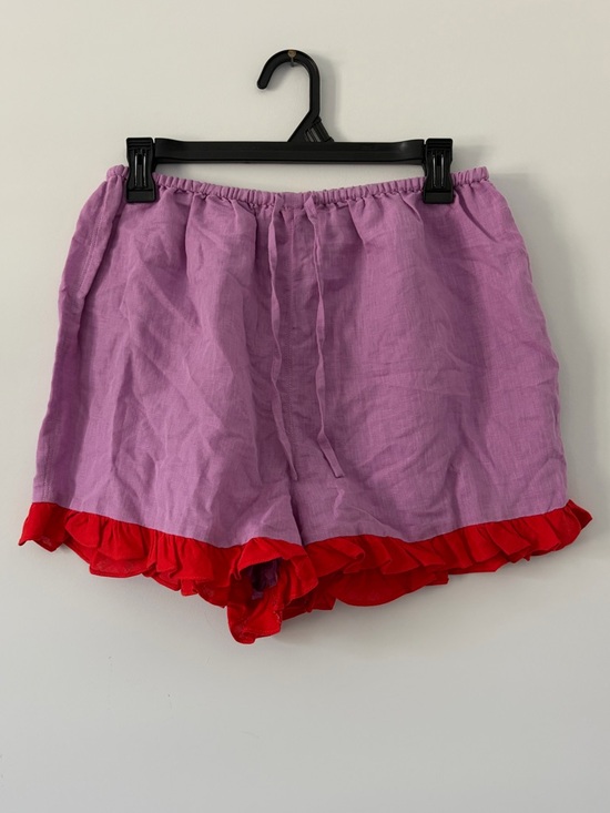 Dora Larsen Pants - Dora Larsen Free People Lavender Red Ruffle Pull On Linen Organic Cotton Shorts